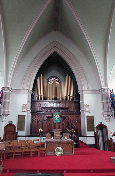 Chancel, font and organ pipes