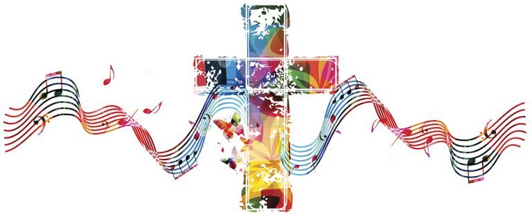 Colorful christian cross with stave and music notes